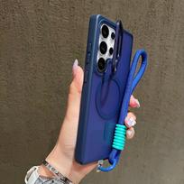 Frosted Fold Lens Stand Holder for Magsafe Lanyard Phone Case for Samsung S25 S26 Ultra S24FE S25Plus A56 A36 A16 Magnetic Cover Galaxy S25 Ultra blue