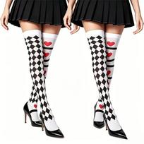 High-elasticity AB-sided Heart Checkerboard Thigh-high Socks, Soft and Snug Fit, Non-slip, Eye-catching Single Item for Afternoon Tea, One-size black
