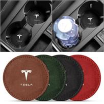 Car Cup Holder Pad Leather Badge Slot Non-slip Coaster Mat For Tesla Model 3 Model S Model X Model Y Roadster Performance Decor 2pcs raudona