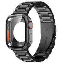 Suderinamas su Apple Watch 10 serija (46/40/41/44/45mm) Nerūdijančio plieno trijų grandinėlių apyrankė + Pilno apsaugos PC dėklas 46mm juoda