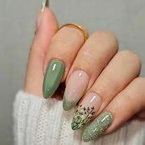 Press On Nails, French Tip Floral Design, Green Fake Nails, 24 Pieces Nail Extensions Set, DIY Manicure Solution, Easy Application, Home Nail Art brown