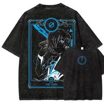 Persona 3 Blue Clock Anime Character Graphic Print T‑shirt Black Washed Oversized Cotton Casual Streetwear Tops L black