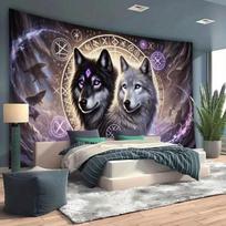 2D Mystical Wolf Tapestry Purple Norse Runes Home Background Decor 70.9x43.3inch/180*110cm black