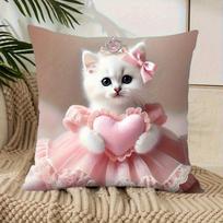 Cute White Cat Princess Pillowcase, Pink Heart Bow Cushion Cover, Kawaii Animal Decor for Kids Room Sofa 30X30CM