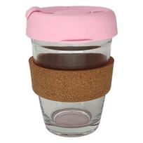 Daugkartinio naudojimo grūdinto stiklo kavos puodelis | Kelioninis puodelis su purslams atspariu dangteliu, kamštienos juostele, lengvas, be BPA | Vidutinis | 12oz / 341ml | Filtruoti
