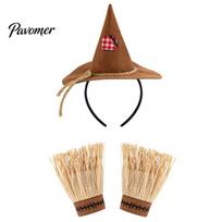 Comfortable Halloween Gloves Scarecrow Costume Set, with Headband Pointed Hat And Straw Accessories Bracelets, Cosplay for Farm Party Decorated brown