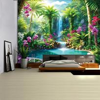 Tropical Waterfall Tapestry, Lush Jungle with Palm Trees and Orchids, Paradise Scenery Wall Art for Living Room Bedroom Decor 100x150cm39x59in blue