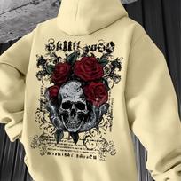 Grim‑rose Men Hoodie Fashion Rear Retro Gothic Skull Floral‑themed Motif Print Pullover For Soft Relaxed Casual Street Wear L mėlyna