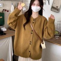 Grey Loose and Lazy Japanese Knit Cardigan for Women's Spring and Autumn Soft and Sticky Sweater Jacket Top One Size chaki