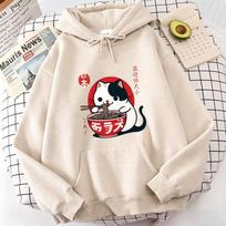 Japanese Style Cat Eat Ramen Hoodie Manga Cat Children's Sweatshirt Cute Hoody Casual Hoodies Spring Unisex Clothes S chaki