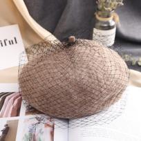 with Mesh Veil Mesh Wool Beret French Style Beanie Cap Retro Painter Hat  Girl kava