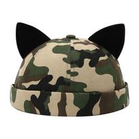 High Quality Portable Fashion Brimless Skull Cap Black Cat Ears Rolled Cuff Melon Docker Cap Adjustable Retro Skullcap Outdoor kamufliažinė žalia spalva
