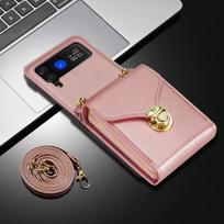Compatible with Samsung Foldable Z Flip7 6 5 4 3, lanyard crossbody zipper wallet phone protective case flip 6 rožinio aukso spalvos