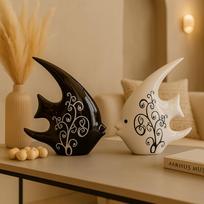Ceramic Modern Minimalist Black & White Love Fish Art Figures - Set Of 2 juoda/balta