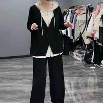 Plus Size Lazy Style Fake Two-piece Hooded Sweater Suit Ladies's Autumn and Winter Wide-leg Trousers Two-piece Suit L juoda