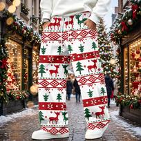 Men's Casual Loose Fit Corduroy Straight Leg Pants with Christmas Print and Elastic Waist S red