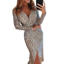 Dress Lady Long Sleeve Slim Fit Polyester Split Hem Elegant Sexy Sheath for Dating Midi 3XL sidabras