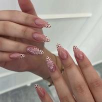 Pink French Edge Press On Nail with Colored Dot Accents, Long Pointed 30 Piece Styling Set, Adhesive Tabs and Storage Box Included 1 gray