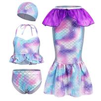 4 vnt. Nėreros Cosplay Plaukimo Bikini Kostiumas Mergaitėms Petnešėlės Plaukimo Kepuraitė Žuvies Uodegos Sijonų Rinkiniai Atostogų Dovana Vaikams Vasaros Maudymosi Kostiumas 140 violetinė