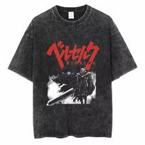 Berserk Anime Guts Character Vintage Washed Cotton T Shirt Retro Manga Graphic Summer Short Sleeve Loose Tops For Men Women Daily Casual Wear L black