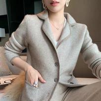 Women's Herringbone Wool Blazer - Slim Fit Knit Collar Cardigan for Autumn/Winter M šviesiai smėlio spalvos