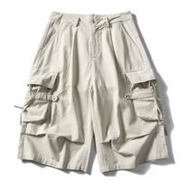 Summer retro washed multi-pocket tooling cropped pants men's and women's solid color loose straight knee shorts tide 3XL white
