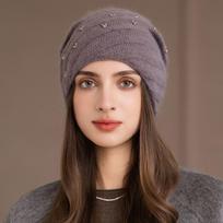 Women S Double Layer Knit Hat Warm Winter Beanie Pearl Glitter Rabbit Hair Blend One Size šviesiai violetinė spalva