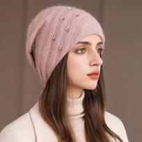 Women S Double Layer Knit Hat Warm Winter Beanie Pearl Glitter Rabbit Hair Blend One Size rožinė