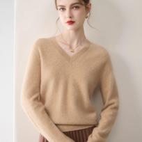 Moterų 100% gryno kašmyro V formos iškirptės megztinis - ilgomis rankovėmis, be siūlių mezgimo puloveris rudeniui ir žiemai L beige
