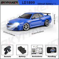 Multifunctional 1/18 GTR R34 RWD RC Drift Car LDRC LD1899 2.4G ESP Gyro Alloy Metal Body LED Simulation Headlight Hobby RTR Racing RC Car Toy for Boy 2 batteries mėlyna