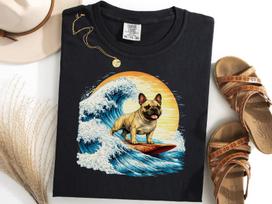 French Bulldog Surfing The Great Wave off Kanagawa Shirt, Japanese Frenchie Surf Tee, Dog Lover Gift XL beige