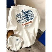 Portuguese Sardine Canned Food Retro Print Summer Cuisine-themed Loose Comfortable Short-sleeved T-shirt for Men Fashion Print 110 beige