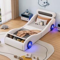 Upholstered Bed, 90x200cm Children's Bed, Car-Shaped with Illuminated Wheels and Storage Space, PU, Without Mattress, White 237 x 107 x 66 cm balta