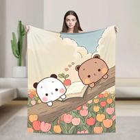 Bubu and Dudu Flannel Blanket Bear and Panda Funny Throw Blanket for Home 200x150cm Bedspreads 75x90cm beige