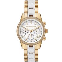 MICHAEL KORS Ritz Moteriškas kvarcinis chronografo laikrodis Baltas ciferblatas Nerūdijančio plieno ir dervos apyrankė 38mm MK6939 balta