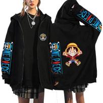 One Piece Luffy Cheer Jump Zip Hoodie, Straw Hat Crew Logo with One Piece Sleeves & Back Chibi Luffy Double Fist Cheer Jump, Oversized Anime Zip-Up XXS juoda