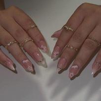 Floral French Tip Press On Nail, Long Almond Pink Gradient Acrylic Nail Set with 3D Flower Accent Easy Application 1 gray