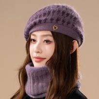 Women's Fall and Winter Padded Warm Beret + Scarf Two-piece Set violetinė