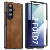 For Samsung Galaxy Z Fold 7 with HD Screen Protector&Hinge Protection,Wireless Charging,Leather Matte PC Shockproof Cover Phone Case-Red ruda