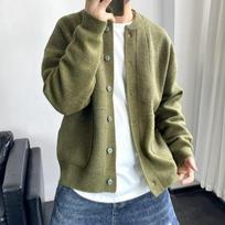 Men's Japanese Wool Cardigan - Spring/Autumn Hong Kong Style, Round Neck, Loose Fit, Thick Knit Sweater Jacket 2XL žalia