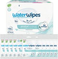WATERWIPES SENSITIVE+ ON THE GO DRĖGNOS SERVETĖLĖS 10 PAKUOČIŲ PO 10 VNT. (100 VNT.) 3-IN-1