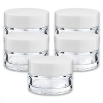 20 ml bespalvis stiklinis indelis su baltu dangteliu ir užsukamu dangteliu, 5 vnt. rinkinys.