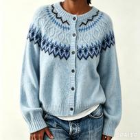 Women's Knit Cardigan Sweater, Neck Loose Fit Color Block Snowflake Button XL dangaus mėlyna spalva