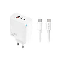 maXlife MXTC-09 travel charger | 65W | PD, QC, GaN | USB-C, USB-A | with USB-C to USB-C cable included | white