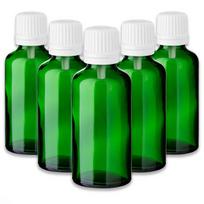Žalia 50 ml stiklinė butelė su balta lašintuve ir dangteliu, 5 vnt. rinkinys