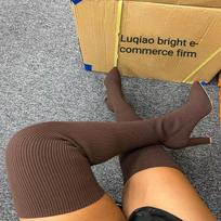Moteris Virš kelių Batai Žieminiai Šlaunų Megzti Elastingos Kojinės Batai Šilti Seksualūs Stiletai Kulnai Smailianosiai Ilgi Batai 35-43 botas mujer 42 ruda