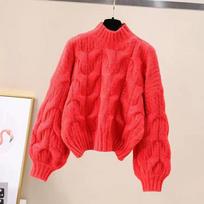 Korean Style Lantern Sleeve Cable Knit Sweater – Women's Loose Fit, Solid Color Pullover for Autumn/Winter One Size ryškiai raudonos spalvos