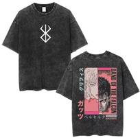 Vintage Washed Anime Berserk Guts Graphic T-shirt Vintage Washed Oversized T Shirt Men Women Clothing Cotton Short Sleeve Tees S black