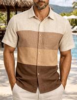 Everyday essential: casual short-sleeve linen shirt, stylish color block design. 5XL white