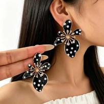 Black Flower Shaped Dangle Earrings White Faux Pearl Polka Dot Gold Tone Details For Parties Dates Daily Wear A1 brown